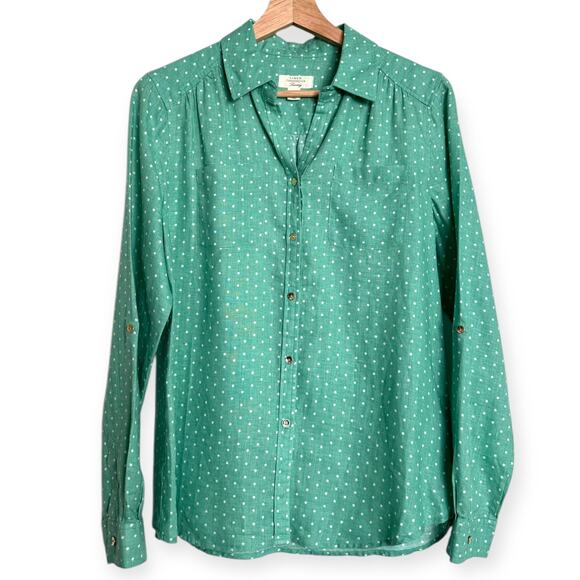 Charter Club 100% Linen Green Polka Dot Roll Tab Sleeve Button Down Women's S - Picture 1 of 9